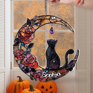 Black Cat with Moon Acrylic Window Hanging, Halloween Black Cat Ornament, Halloween Gothic Decor, Scary Decor, Spooky Home Decor, Cat Lovers
