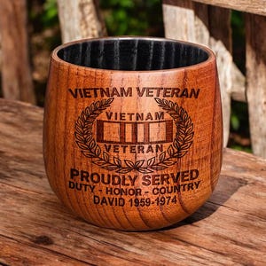 Personalized Vietnam Veteran Wood Bourbon Whiskey Mug, Military Gift, Custom Proudly Served Veteran Mug, Veterans Day Gift For Dad, Grandpa