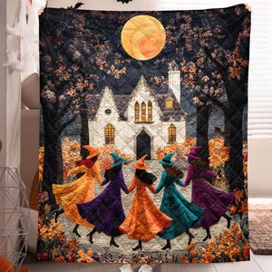 Witches Dancing Quilt Blanket, Halloween Full Moon Haunted House Throw, Colorful Witch Blanket, Spooky Fall Blanket Gift, Witchy Blanket