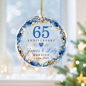 Personalized 65th Blue Sapphire Wedding Anniversary Glass Ornament, 65th Wedding Anniversary Ornament, Wedding Anniversary Keepsake