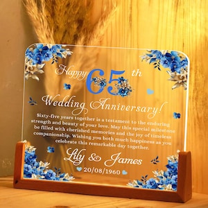 Custom 65th Anniversary Lamp Wood Base, Anniversary Wedding Gift, 65th Anniversary Gift For Parents, 65th Wedding Anniversary Led Lamp Gift