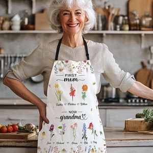 Personalized Grandma Apron, First Mom, Now Grandma Gift, Birth Month Flowers Apron Gift For Grandma From Grandkids, Mom Apron, Nana Apron