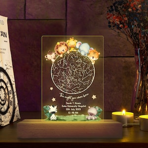 Mapa de estrelas personalizado com detalhes de nascimento, base de madeira com luz led multicolorida 3D, presente de chá de bebê, noite em que você nasceu, presente para bebê recém-nascido menino e menina