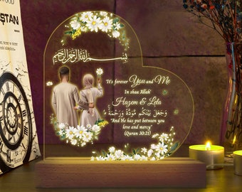 Personalized Muslim Couples 3D Led Light Wooden Base, Lamp Gift For Islamic Anniversary, Muslim Wedding Holding Hands, Valentine's Day Gift