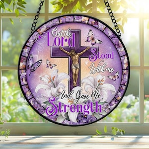 Floral Cross Faux Christ Stained Glass, Easter Decor, God Christmas Ornament, Bible Verse Religious Window Hanging, Faith Christian Gift