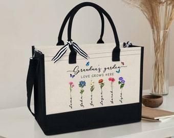 Personalized Grandma' Garden Birth Month Flowers Getaway Bag , Custom Tote Bag Gift For Nana, Mom, Shopping Bag Mothers Day Gift, Nana Bag