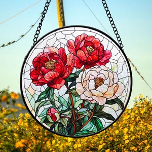 Peony Flower Faux Stained Glass, Peony Suncatcher, Birthday Gift Glass Window Hanging, Gift For Mom, Flowers Window Decor