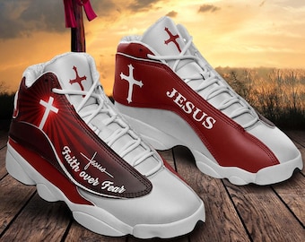 Faith Over Fear JD13 Baskets, Chaussures Jésus, Cadeau chrétien, Baskets Dieu, Chaussures de course Dieu, Baskets sportives religion, Cadeau pour papa, Mari