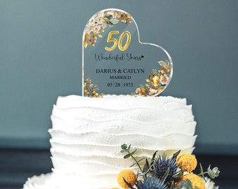 Personalized 50th Wedding Anniversary Cake Topper Heart Acrylic Plaque, Golden Anniversary Gifts, Gift For Parents, 50th Anniversary