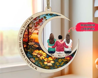 Gepersonaliseerde moeder Suncatcher cadeau van dochter, zoon, aangepaste kinderen zitten op het maanraam hangend ornament, Moederdag cadeau voor mama