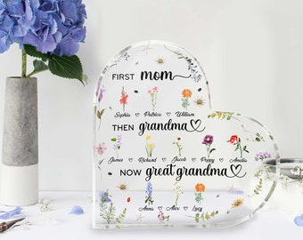 Personalized First Mom Then Grandma Now Great Grandma Birth Month Flower Heart Acrylic Plaque, Mother's Day Gifts For Great Grandma, Grandma