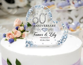 Personalized 60th Wedding Anniversary Cake Topper Heart Acrylic Plaque, Diamond Anniversary Gifts, Anniversary Gifts For Parents