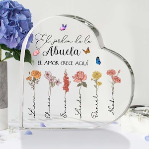Placa acrílica personalizada del corazón español El Jardin De La Abuela, regalos del Día de la Madre de los nietos, regalos de Abuelita, regalo para la abuela