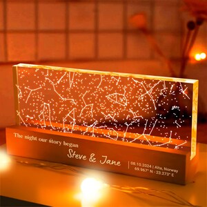 Custom Star Map By Date Acrylic Night Light Wooden Base, Personalized Couples 3D Lamp, Anniversary Gift For Her & Him, Valentine&#39;s Day Gift