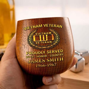 Personalized Vietnam Veteran Wood Bourbon Whiskey Mug, Military Gift, Custom Proudly Served Veteran Mug, Veterans Day Gift For Dad, Grandpa