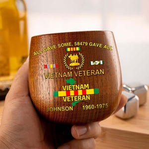 Personalized Vietnam Veteran Wood Bourbon Whiskey Mug, Military Gift, Custom Proudly Served Veteran Mug, Veterans Day Gift For Dad, Grandpa