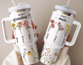 Personalized First Mom now Grandma 40 Oz Tumbler With Children and Grandkids' Names, Birth month flower, Gift For Grandma, Mother's Day Gift