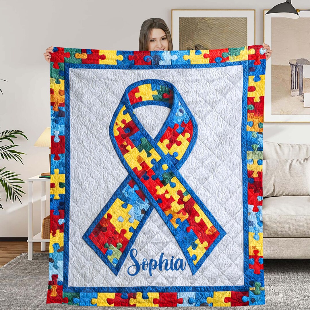 Personalized Autism Awareness Quilt Blanket, Puzzle Ribbon Throw ...