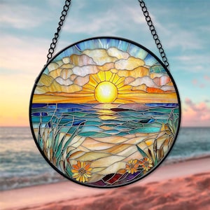 Sunrise On The Beach Suncatcher, Sea Faux Stained Glass, Ocean Waves At Sunrise, Sunrise Lover Gift, Beach Suncatcher, Beach Home Decor