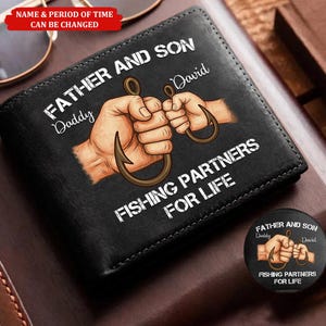 Cartera de cuero personalizada con los nombres de papá y niños pescadores, regalo para el Día del Padre, regalo de pesca para papá, cartera de cuero para pescador