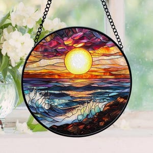 Beach Sunset Stained Glass, Wages Beach Glass Window Hangings, Beach Lover Home Decor, Beach Sunrise Suncatcher, Beach Vibes