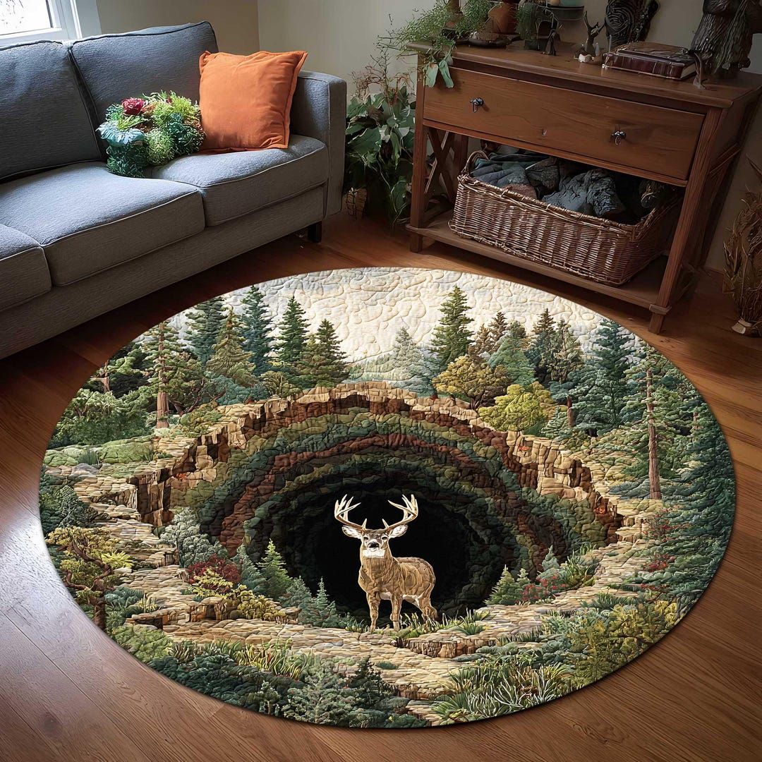 Deer Round Rug 3D Forest Illusion Mat, Rustic Cabin Decor Carpet ...