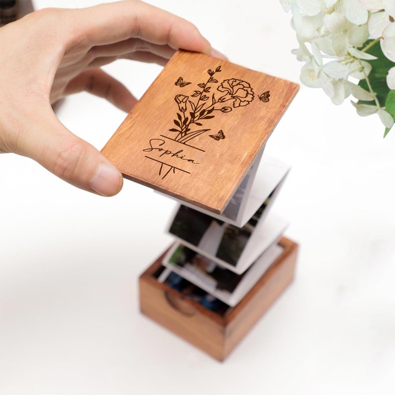 Personalised Birth Month Flowers With Name Wooden Photo Box, Pull Out