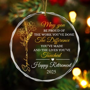Custom Happy Retirement Glass Ornament, Personalized Retirement Ornament, Christmas Gift For Coworker, Co Worker Leaving Gifts