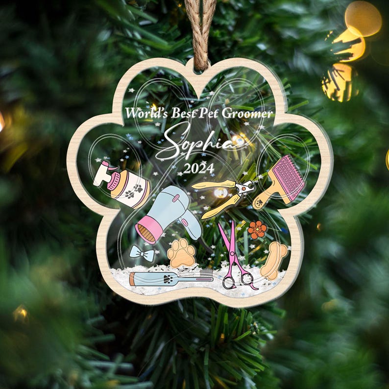 Personalized Pet Groomer 3 Layered Shaker Ornament, Dog and Cat Washer
