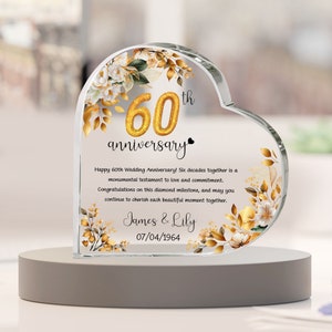 Placa acrílica personalizada del corazón del 60 aniversario de bodas, regalos de aniversario de diamantes, regalos de aniversario para padres, abuelos