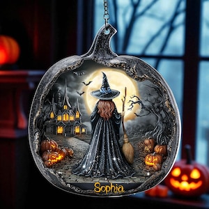 Personalized Halloween Witch Window Hanging, Spooky Pumpkin and Haunted House Decor, Gothic Moon Suncatcher, Witchy Home Decoration Gift