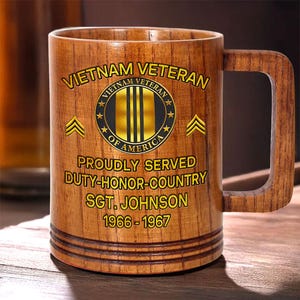 Personalized Name Vietnam Veteran Wood Mug, Military Gift, Custom Proudly Served Veteran Wooden Mug, Veterans Day Gift For Dad, Grandpa