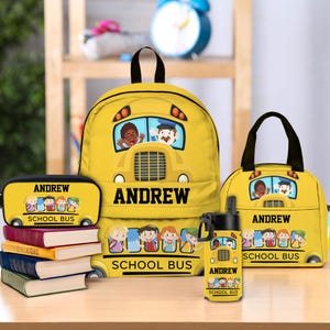 Sac à dos personnalisé pour chauffeur d'autobus scolaire, Sac à lunch, Pochette à crayons, Gourde pour enfants, Retour en bus scolaire, Sacs d'école pour enfants et tout-petits