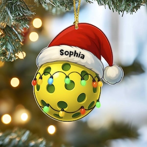Personalized 2D Flatted Pickleball Christmas Ornament with Santa Hat and Lights, Custom Name Sports Ornament for Kids or Teen Athletes