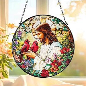 Jesus With Cardinals Faux Christ Stained Glass, Easter Gift, God Christmas Ornament, Bible Religious Window Hanging, Faith Christian Gift