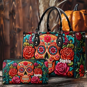 Personalized Sugar Skull Purse with Roses, Day of the Dead PU Leather Handbag, Gothic Floral Tote Bags, Halloween Shoulder Bags for Women