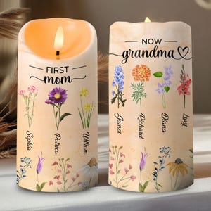 Custom First Mom, Now Grandma LED Light Candle, Birth Month Flowers Gift For Grandma, Christmas Gift, Nana Gifts, Mothers Day Gift