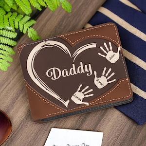 Personalized Dad And Kids Hands Engraved Leather Wallet, Father's Day Gift, Gift for Dad, Leather Wallet Gift for Daddy, Birthday Dad Gift