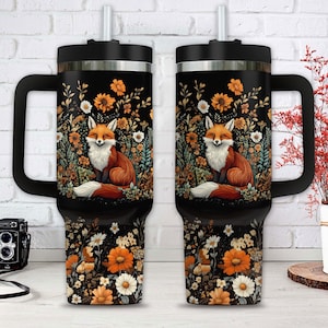 40 Unzen isolierter Fuchs- und Blumenbecher - doppelwandiger Edelstahl mit Strohhalm, perfekt für heiße oder kalte Getränke