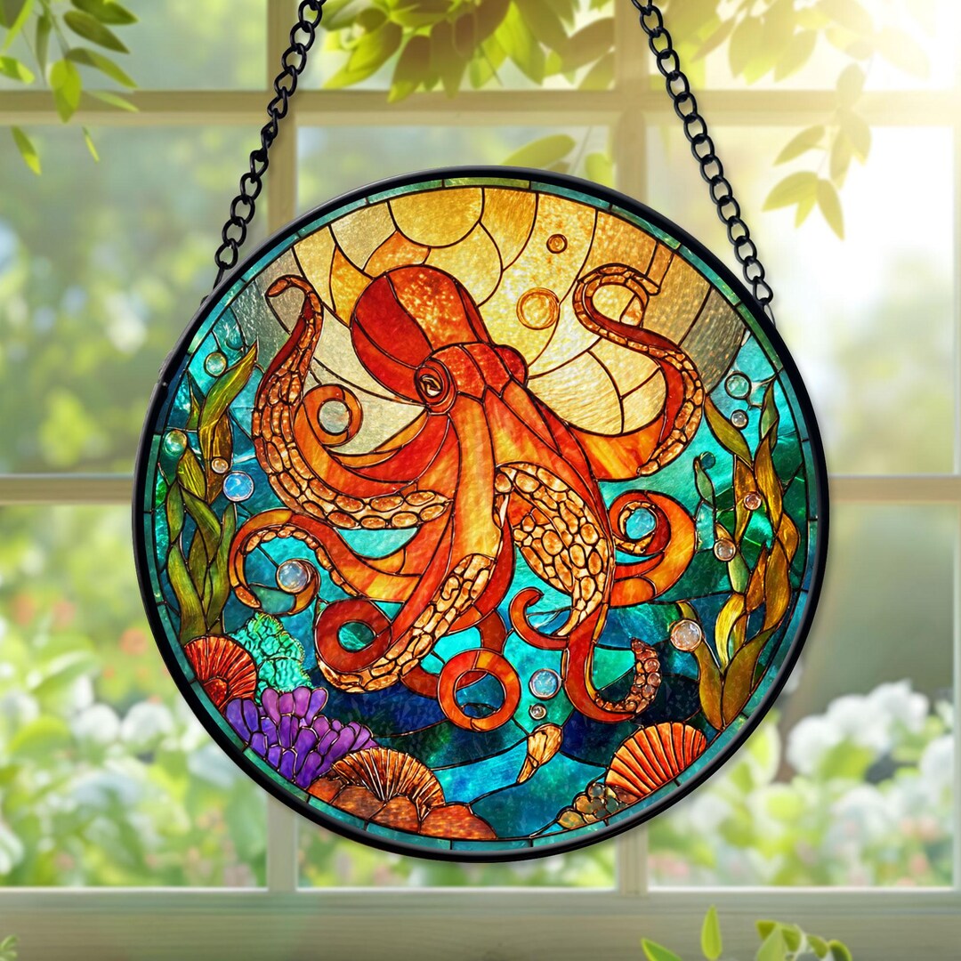 Octopus Faux Stained Glass Suncatcher, Octopus Window Hanger, Angry ...