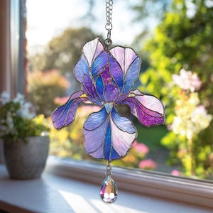 Purple Iris Flower Acrylic Window Hanging Suncatcher, February Birth Flower Ornament, Nature-Inspired Home Decor, Iris Flowers Suncatcher