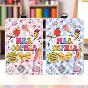 Porta-cartão de identificação de couro com nome personalizado para professor, acessórios de cordão personalizados para professor, presente de volta às aulas para professor, presente de material escolar para professor