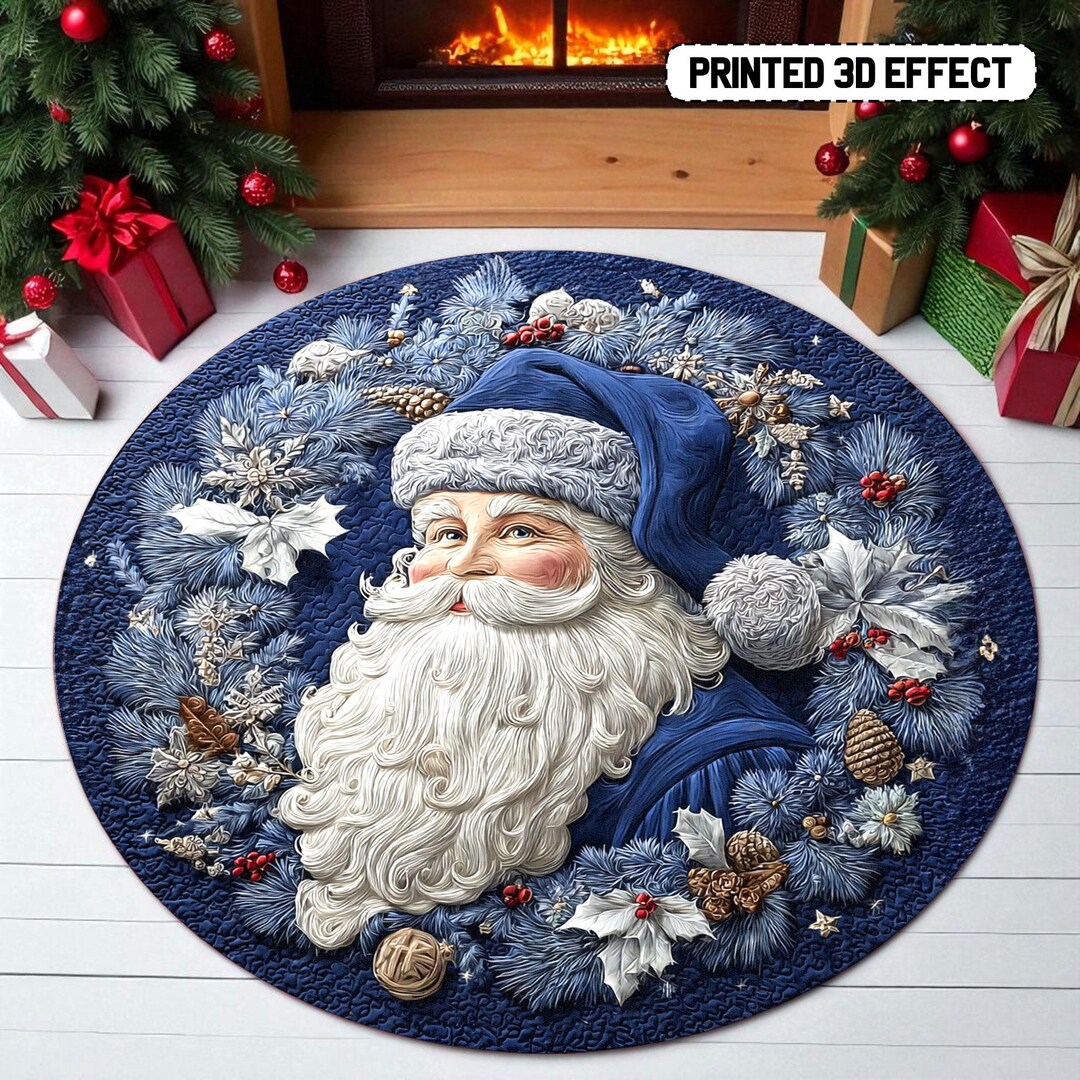 3D Blue Santa Round Rug, Santa Christmas Floor Mat, Vintage Santa Claus ...