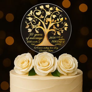 Personalisierter 50. Hochzeitsjubiläums-Kuchendeckel, Goldener Jahrestag Acryl-Kuchendeckel, 50. Hochzeitsjubiläums-Baum des Lebens-Kuchendekors