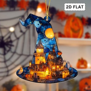 Witch Hat Haunted House Suncatcher Acrylic Halloween Decor, Magical Witch Hat Faux Stained Glass,  Spooky Haunted Mansion Ornament