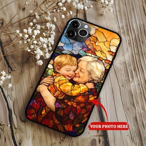 Custom Grandma With Grandkids Portrait Faux Stained Glass Phone Case, Family Portrait From Photo Phone Case For Iphone Gift For Grandma, Mom