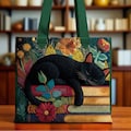 Black Cat Sleeping On Books Quilted Tote Bag, Black Cat & Books Quilt Purse, Black Cat And Books Quilt Gift, Books Lover Gift product logo
