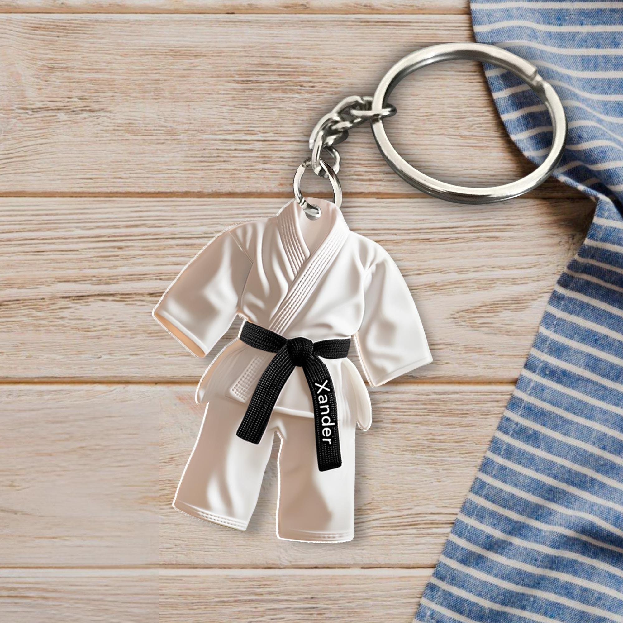 Portachiavi In Vetro Acrilico Nero Con Incisione Laser | Design Personalizzato Karate Gi | Ideale Per Regali O Uso Quotidiano