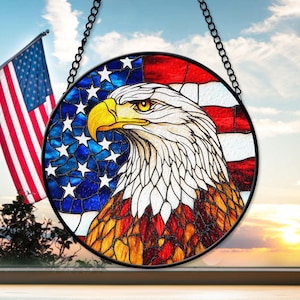 American Flag Eagle Stained Glass Suncatcher, 4th of July Faux Stained Glass, God Bless America, Independence Day Decor, Gift for Veterans