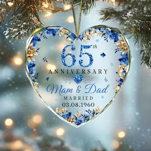 65th Wedding Anniversary Ornament, Heart Shaped Glass Keepsake Gift, Personalized Married Since 1960 Gift for Parents, Mam & Dad Decor